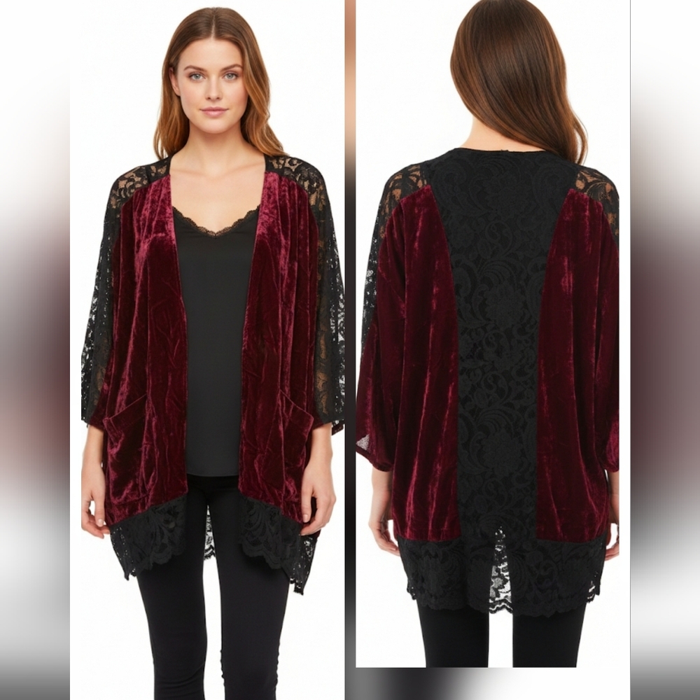 Outfitters Ecote Velvet Lace Cardigan Burgundy Pockets SZ Small Oversized
